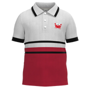Gray and red polo shirt with a cartoon crab design