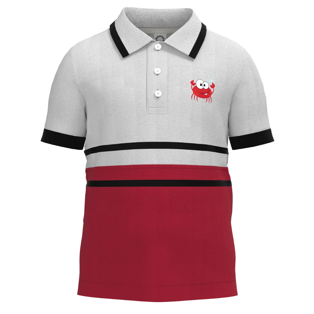 Gray and red polo shirt with a cartoon crab design