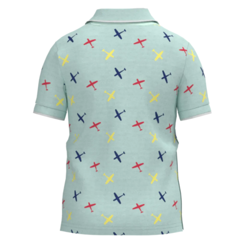 Wan Blue Cotton Short Sleeve Polo Shirt for Boys | Cross Print Graphic Summer Tee | 1919