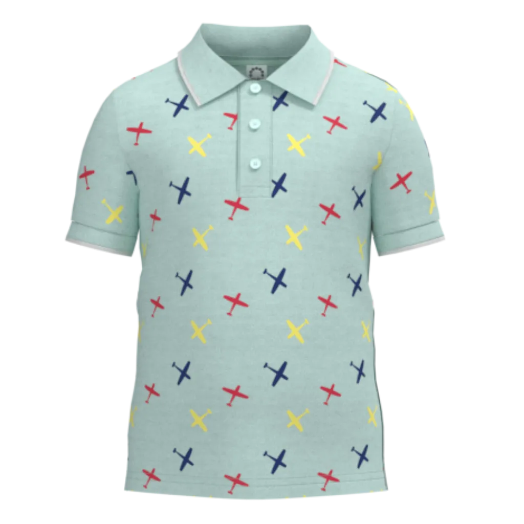 Wan Blue Cotton Short Sleeve Polo Shirt for Boys | Cross Print Graphic Summer Tee | 1919