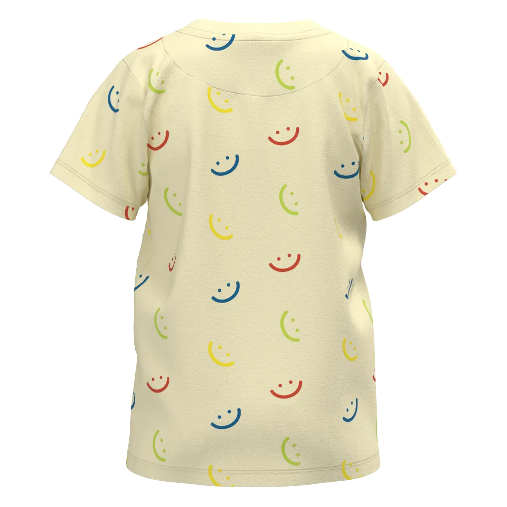 Beige t-shirt with colorful smiley face 