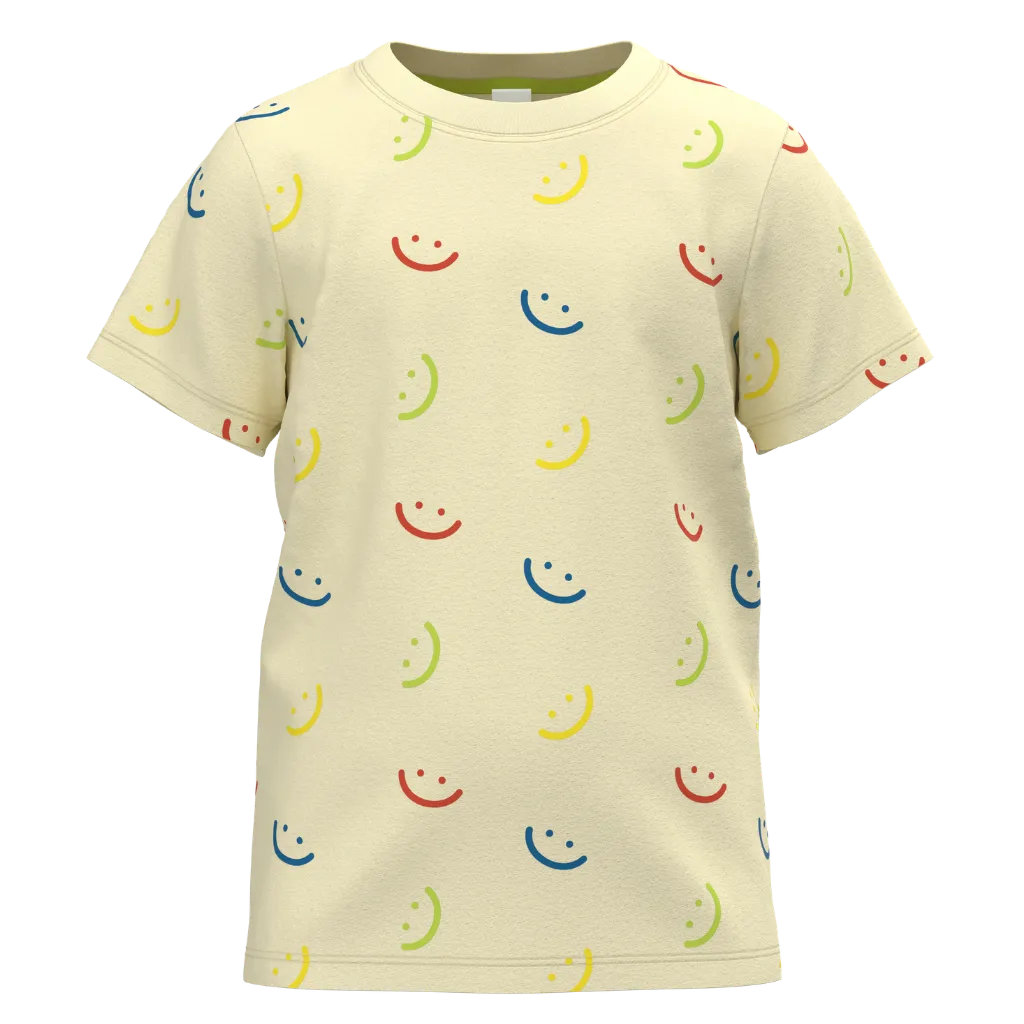 Beige t-shirt with colorful smiley face