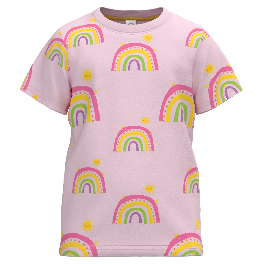 Pink t-shirt with rainbow patterns 