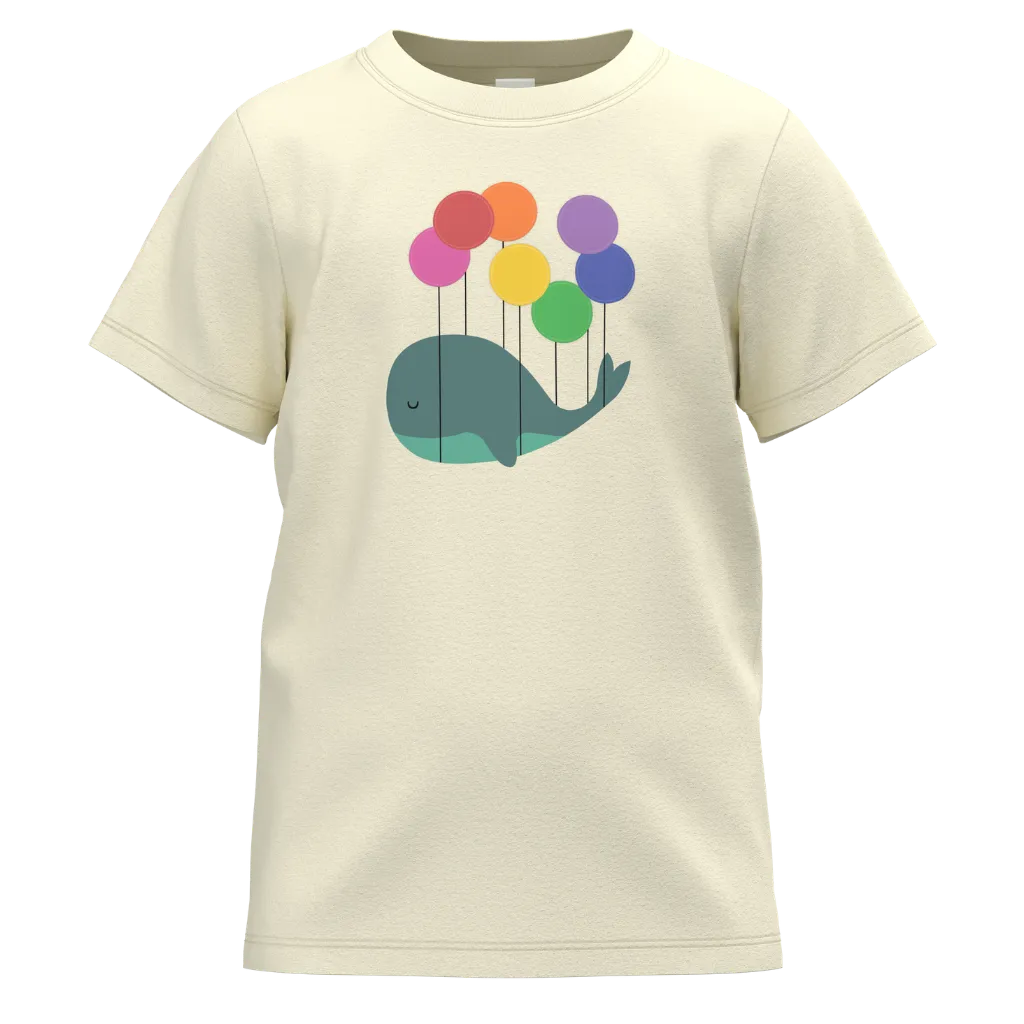 Beige t-shirt with a whale design holding colorful balloons