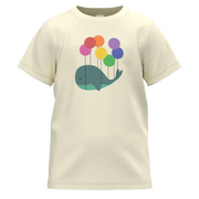 Beige t-shirt with a whale design holding colorful balloons