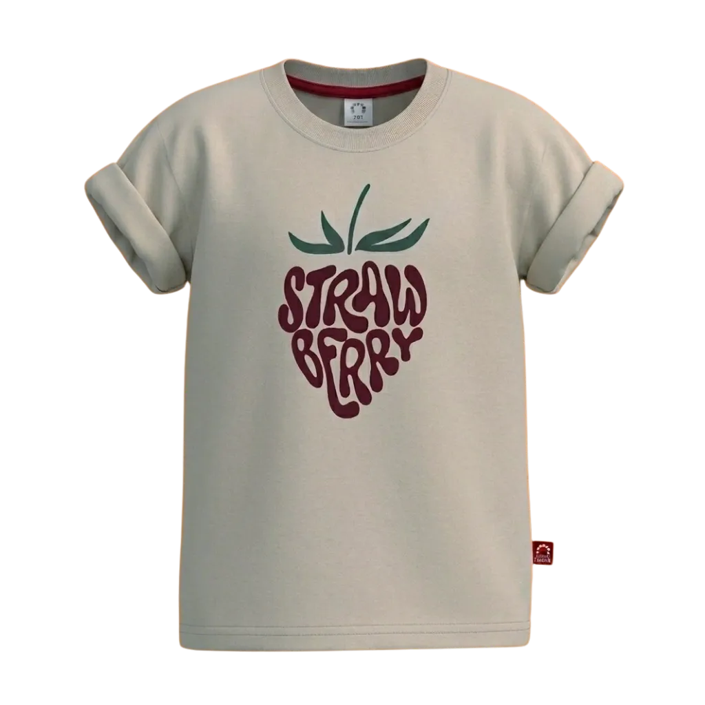 Silver Grey Girls Graphic T-Shirt | Strawberry Print Rolled Sleeve Tee | Comfortable Everyday Wear | 1960