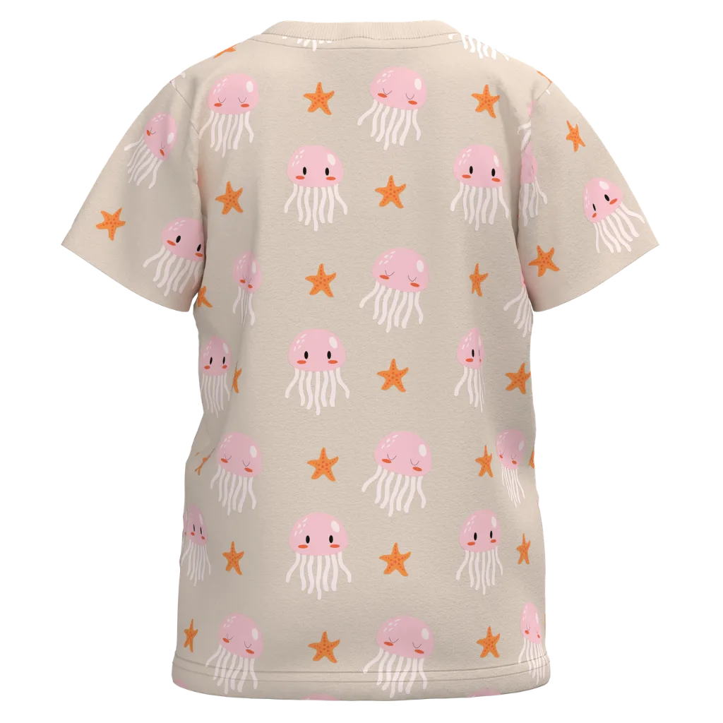 Silver Gray Cotton Unisex Kids T-Shirt | Jellyfish & Starfish Print Tee | Soft Everyday Casual Wear | 1962
