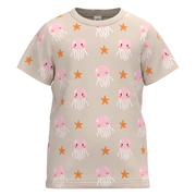 Silver Gray Cotton Unisex Kids T-Shirt | Jellyfish & Starfish Print Tee | Soft Everyday Casual Wear | 1962