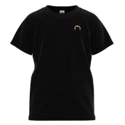 Black t-shirt with a colorful logo 