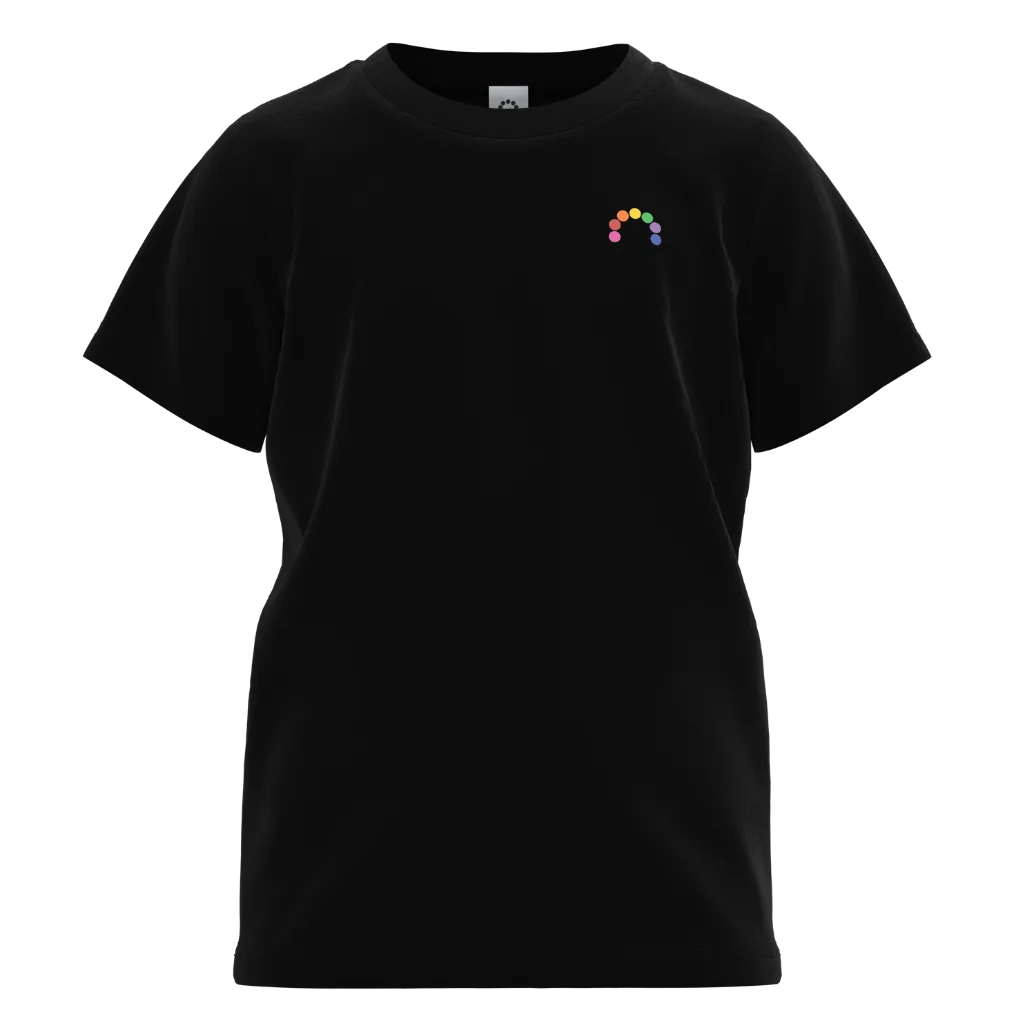 Black t-shirt with a colorful logo 