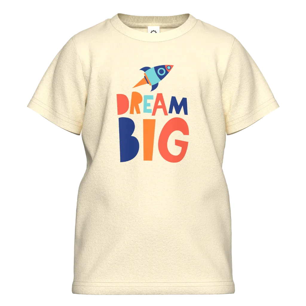 Beige t-shirt with 'Dream Big' text and rocket graphic