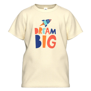 Beige t-shirt with 'Dream Big' text and rocket graphic