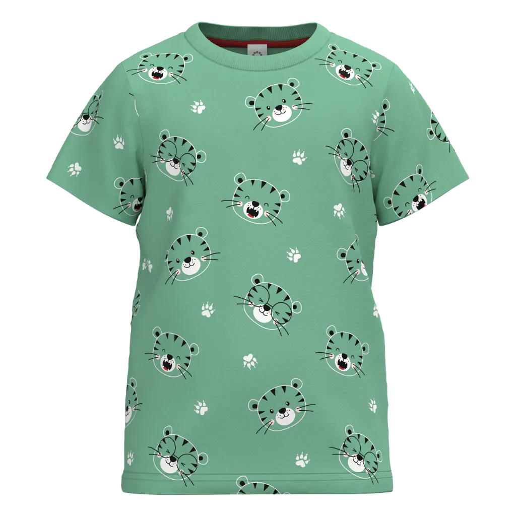 Sea Foam Tiger Print T-Shirt for Boys | Kids Cotton Tee | Cute Animal Print Casual Wear | 1974