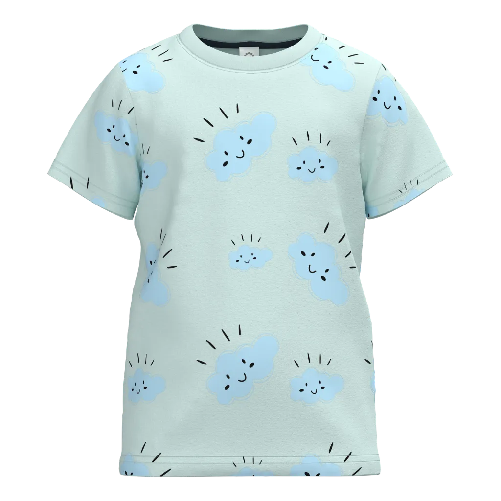 Wan Blue Cotton Short Sleeve T-Shirt for Kids | Cute Cloud Print Tee | Soft Everyday Wear | 1975
