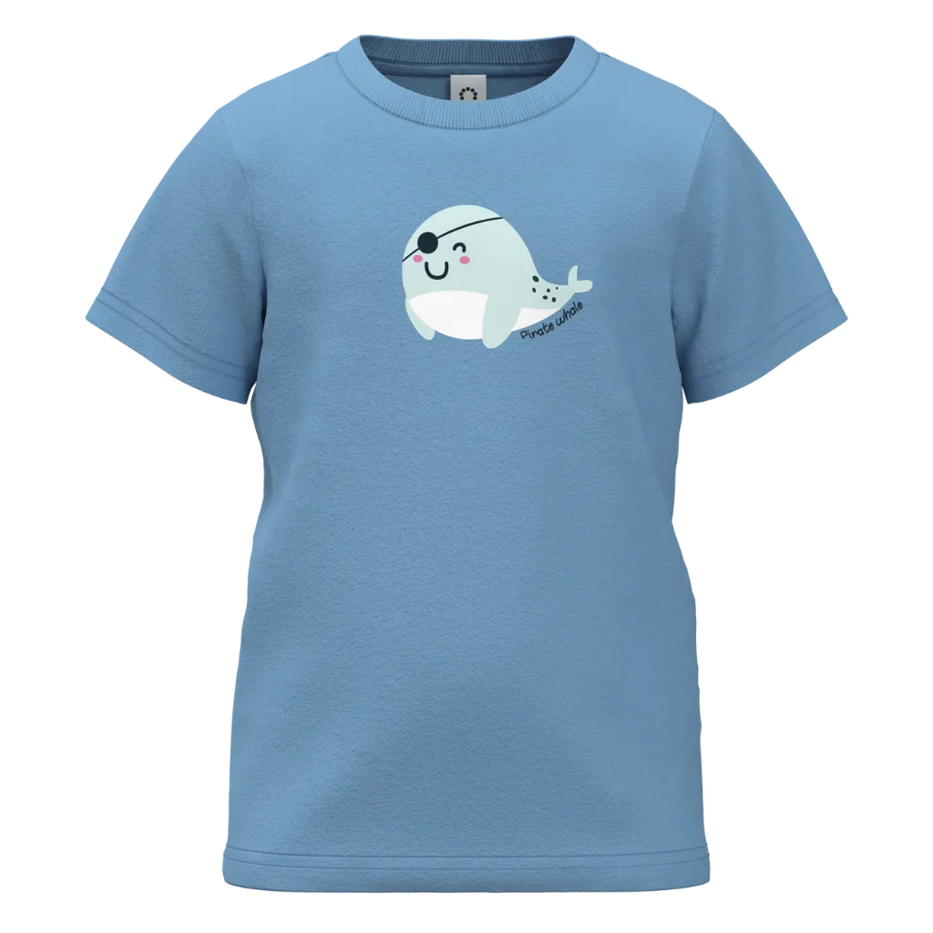 Blue t-shirt with a pirate whale design