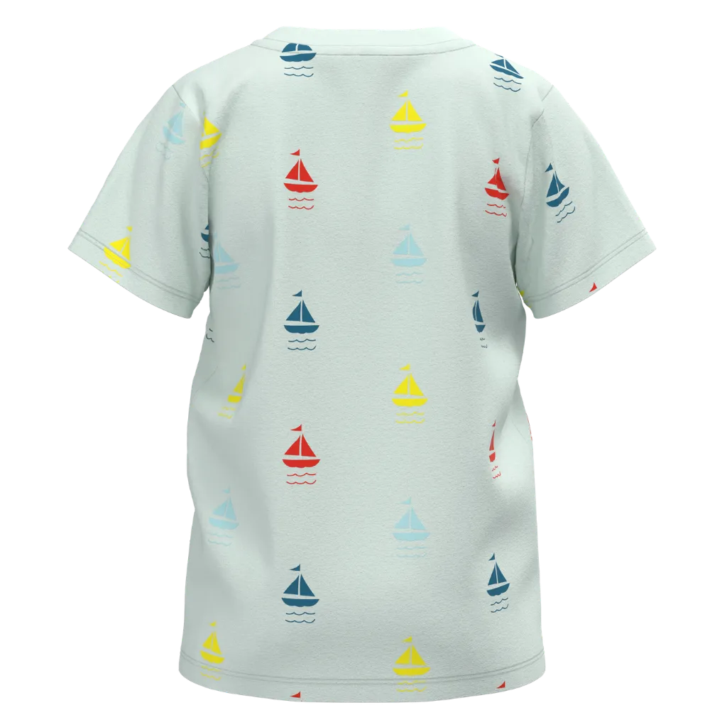 Light blue t-shirt with colorful sailboat pattern