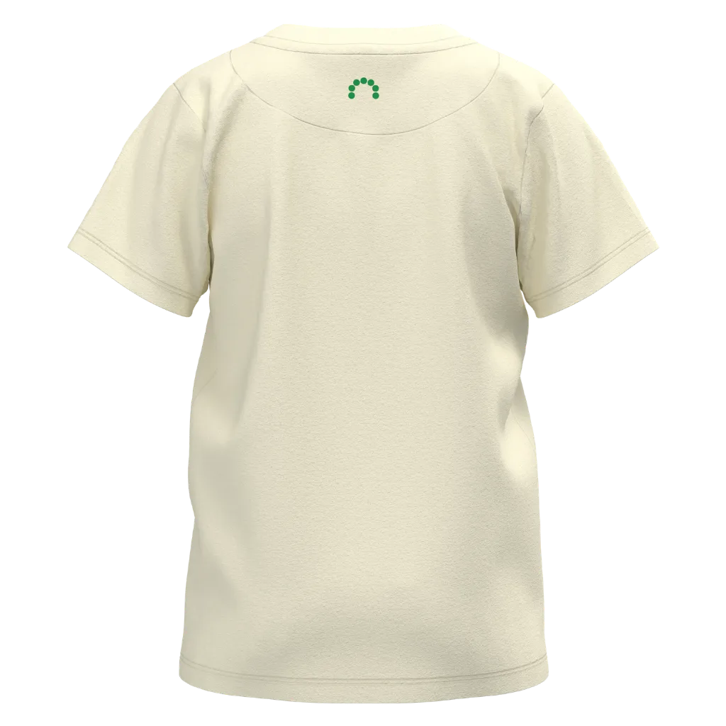 Beige t-shirt with a green logo on the back against