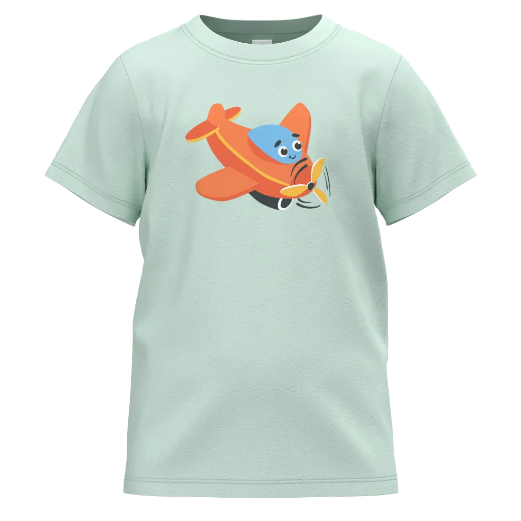Light blue t-shirt with a colorful airplane graphic