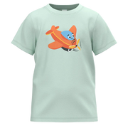 Light blue t-shirt with a colorful airplane graphic