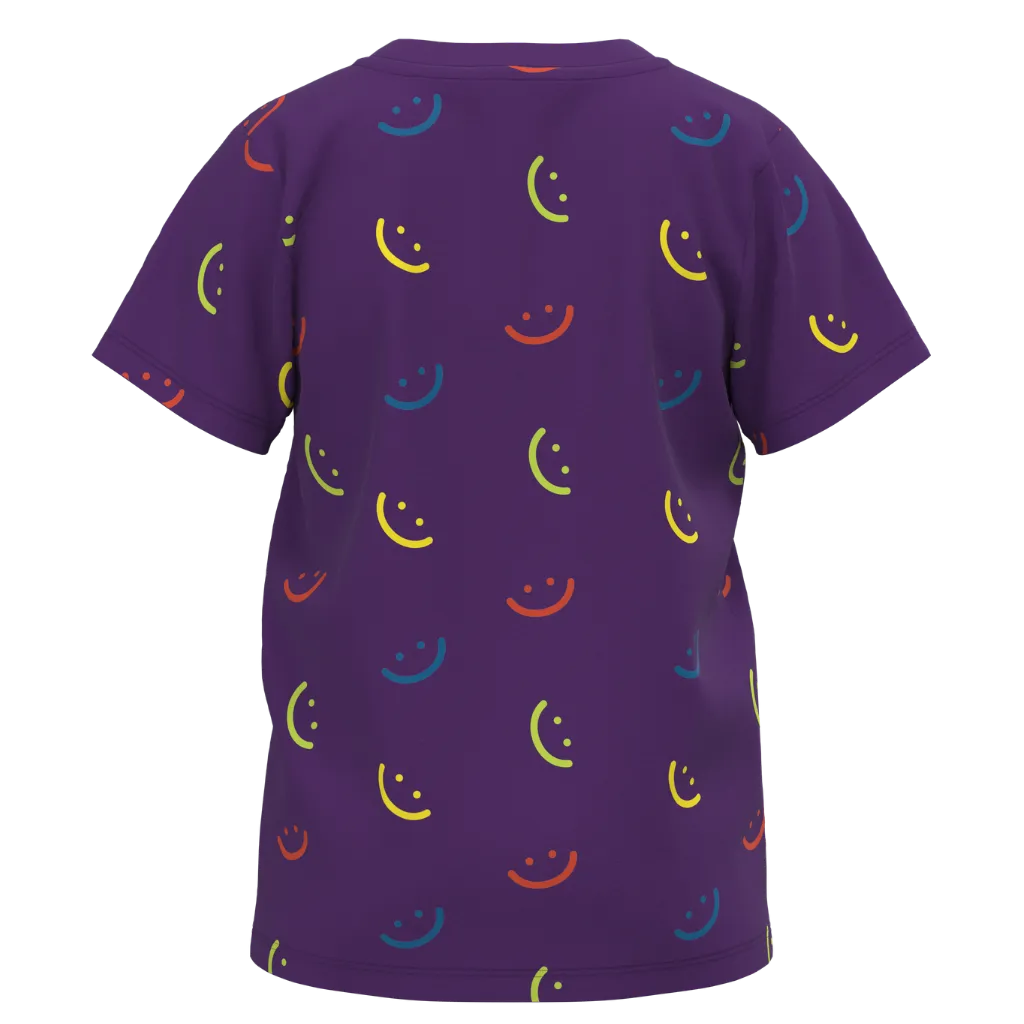 Purple t-shirt with colorful smiley face 