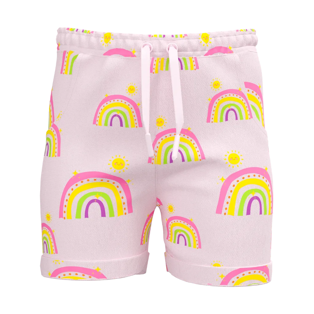 Lilac Rainbow Print Girls Short Pant | Kids Cotton Summer Shorts | Cute Rainbow Pattern Girls Shorts | 1992