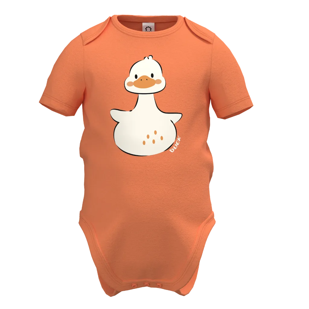 Orange baby onesie with a cartoon duck design