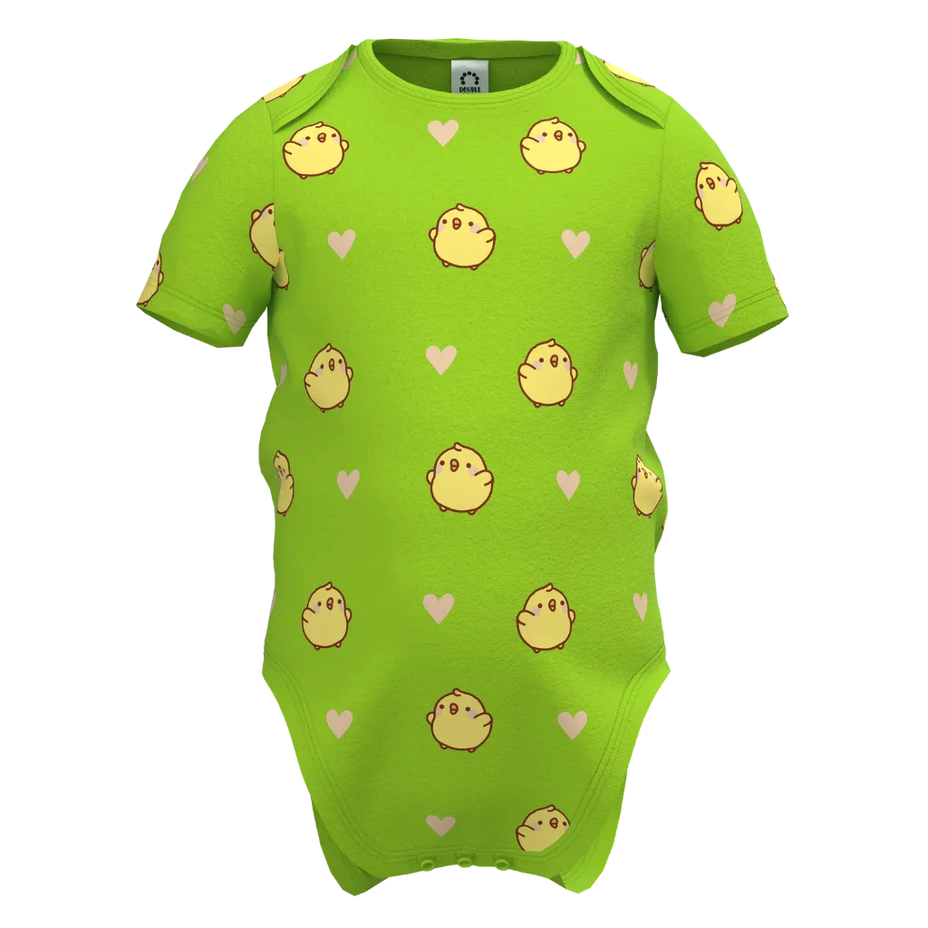 Green baby onesie with yellow chick pattern 