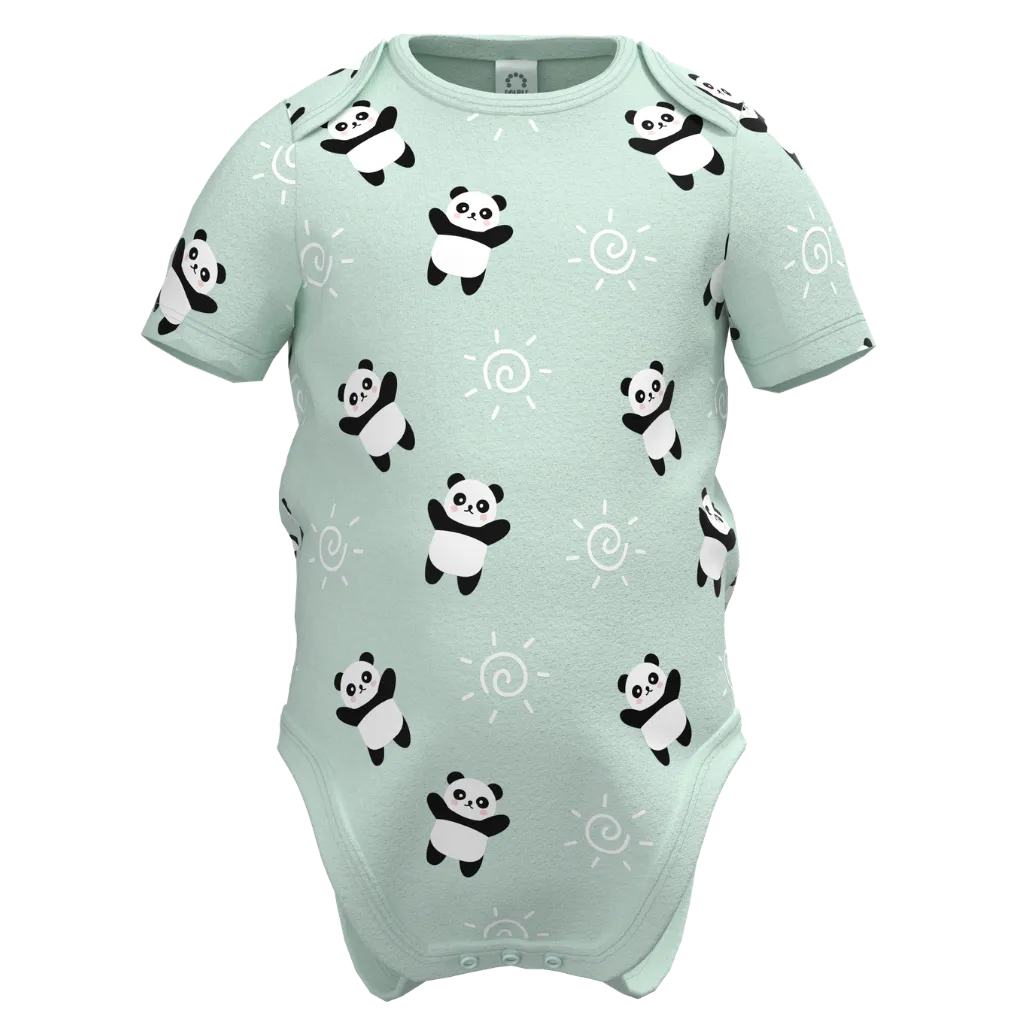 Light green baby onesie with panda pattern