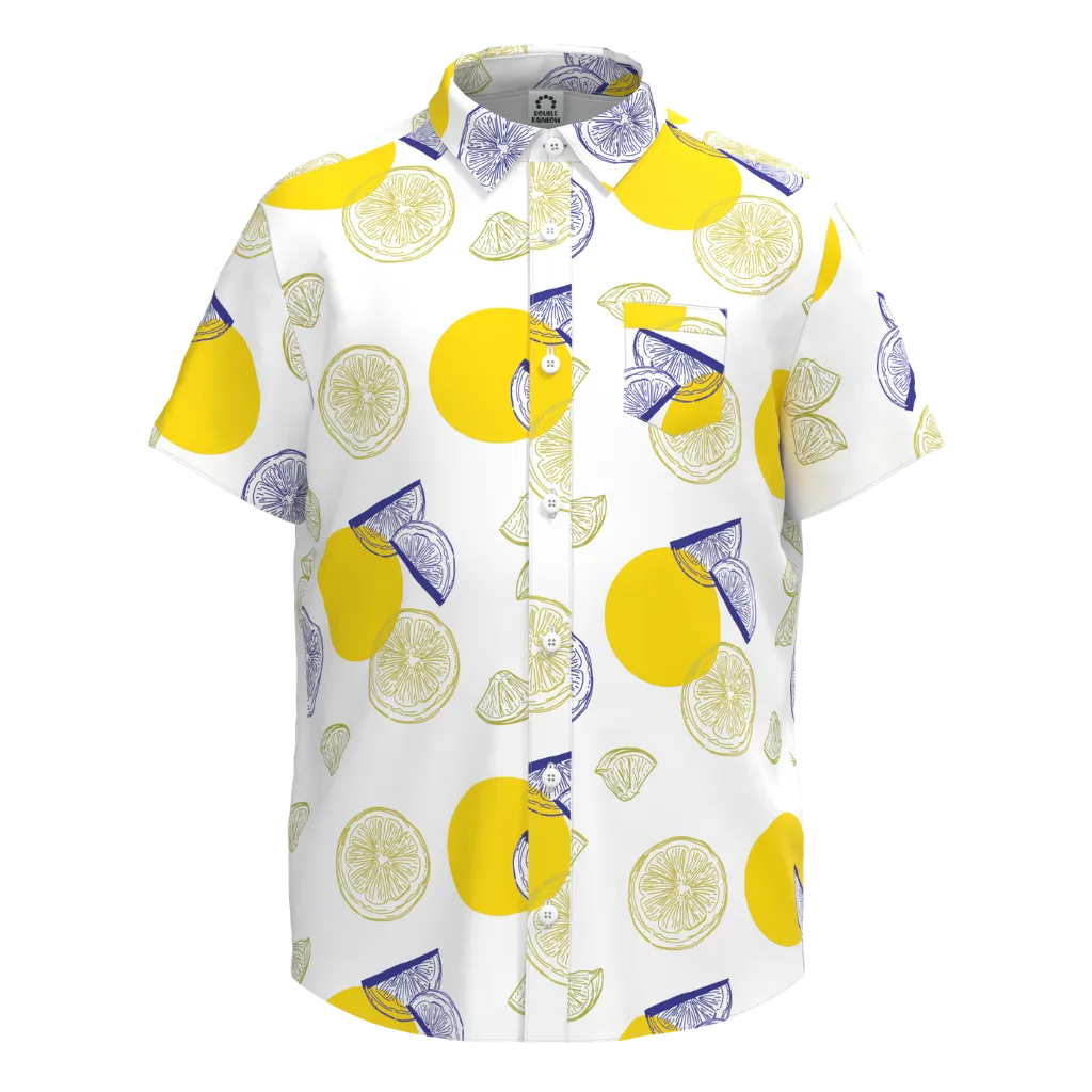 White Lemon Print Boys Shirt | Kids Cotton Button-Up Shirt | Citrus Graphic Summer Shirt | 2129