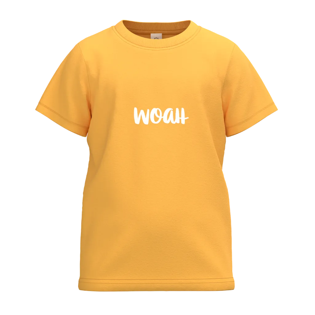 Bright Yellow Boys T-Shirt | Minimal “WOAH” Print Tee | Casual Cotton Summer Wear | 2138