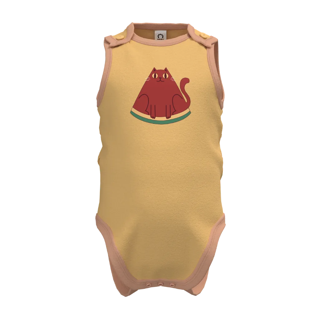Brown Baby Boy Romper | Cute Cat Print Sleeveless Bodysuit | Soft Cotton Infant Wear | 2142
