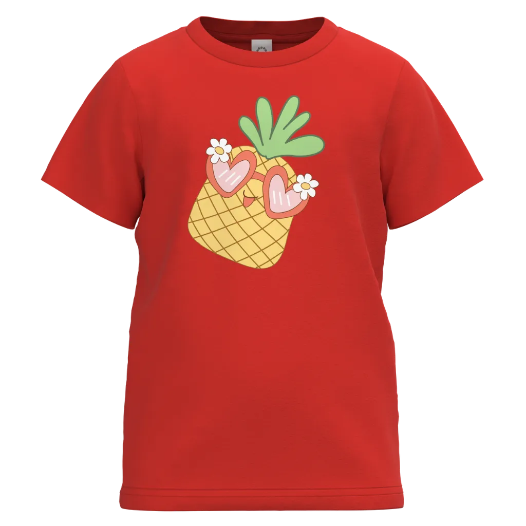 Red Cotton Short Sleeve T-Shirt for Girls | Cute Pineapple Graphic Kids Tee | Soft Everyday Casual Wear | 2146