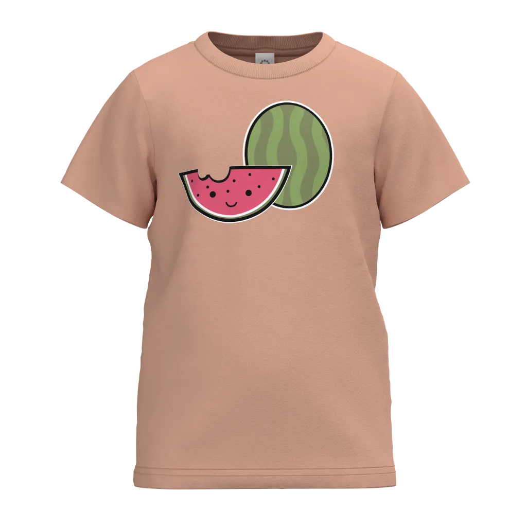 Sand Watermelon Print Girls T-Shirt | Kids Cotton Casual Tee | Cute Fruit Graphic T-Shirt | 2148
