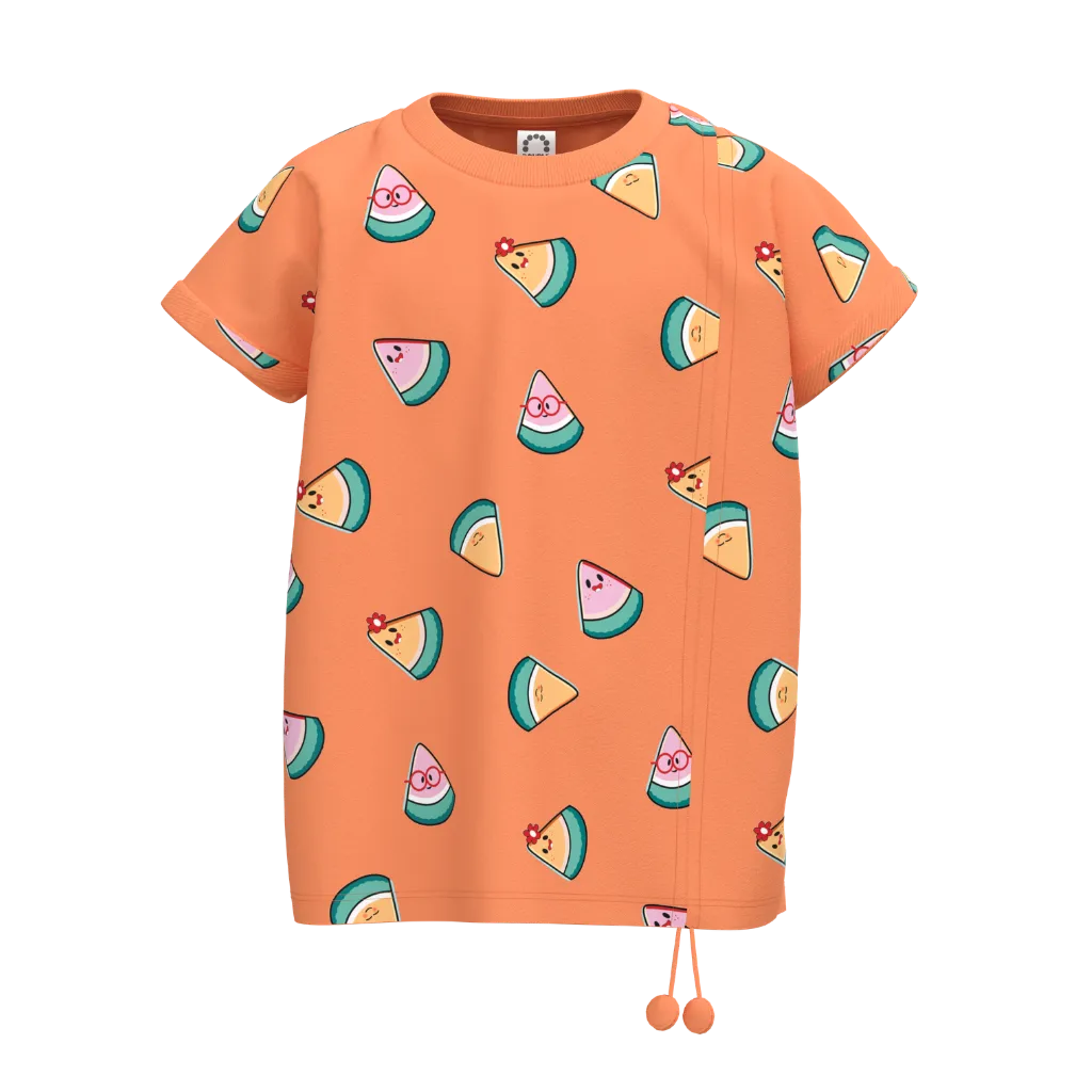 Orange Girls Graphic T-Shirt | Watermelon Print Tee | Fun Summer Cotton Top | 2152