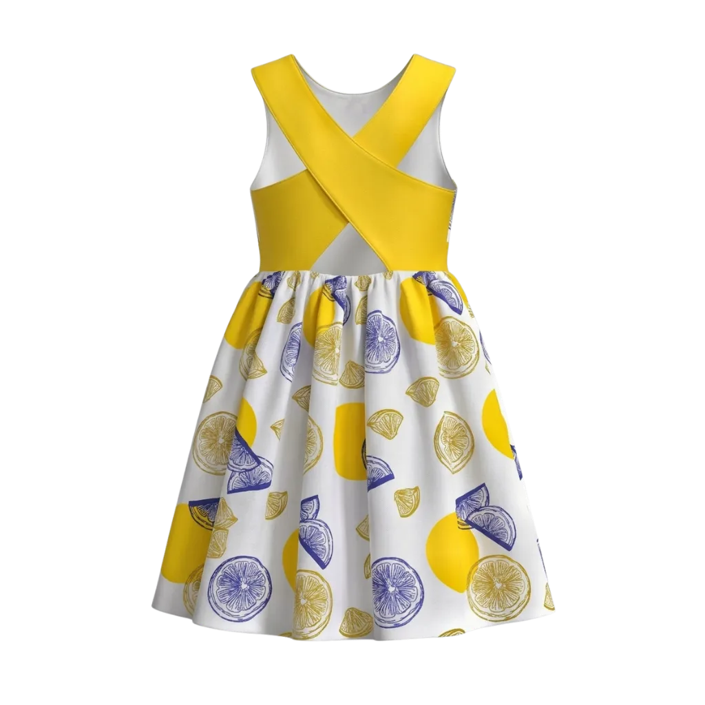 White Girls Sleeveless Frock | Citrus Fruit Print Summer Dress | Yellow Waist Detail | 2156