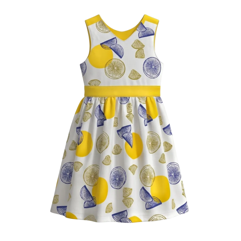 White Girls Sleeveless Frock | Citrus Fruit Print Summer Dress | Yellow Waist Detail | 2156
