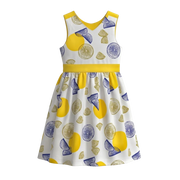 White Girls Sleeveless Frock | Citrus Fruit Print Summer Dress | Yellow Waist Detail | 2156