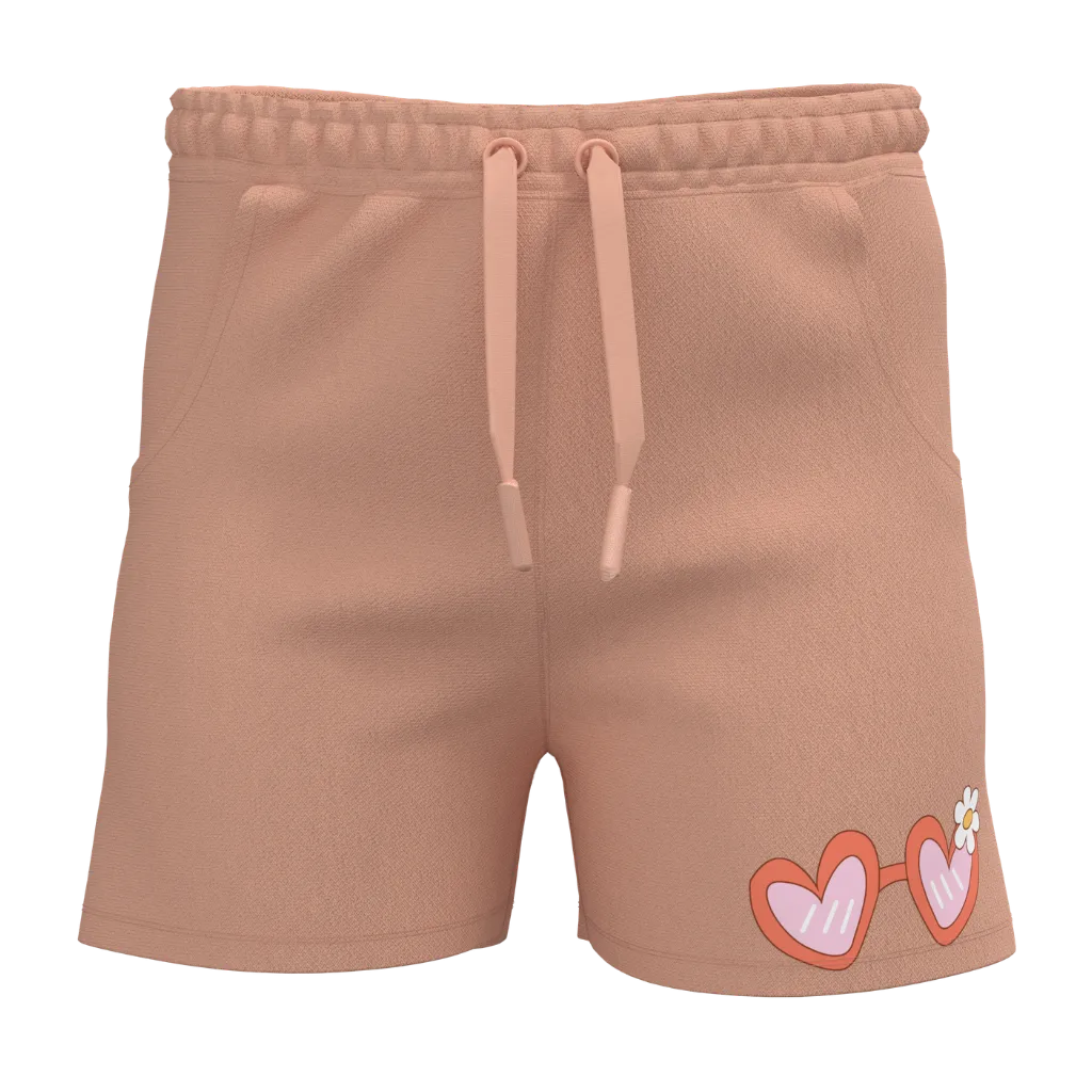 Brown Cotton Short Pant for Girls | Heart Print Kids Shorts | Comfortable Drawstring Casual Wear | 2170