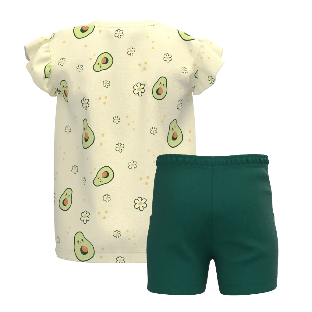 Green Girls T-Shirt With Pant Set | Avocado Print Co-Ord Outfit | Soft Cotton Summer Kids Wear | 2182