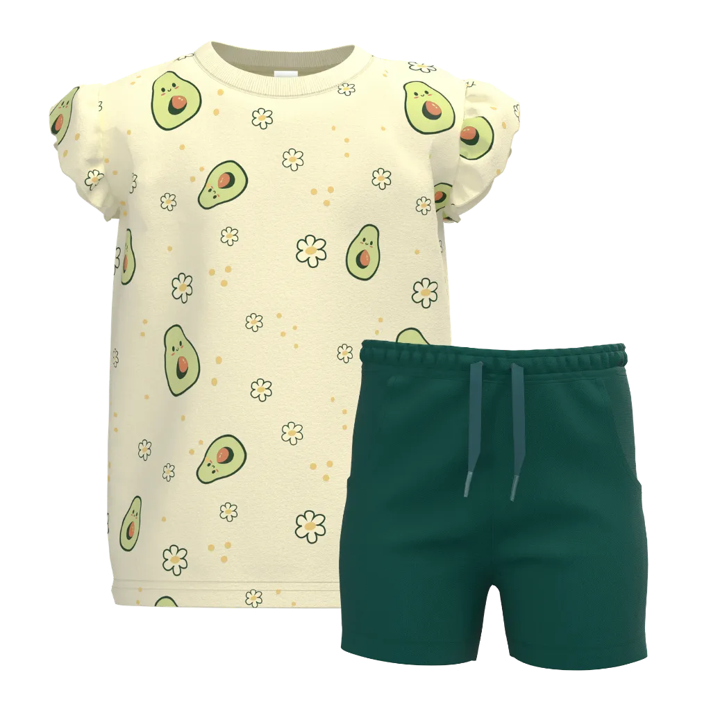 Green Girls T-Shirt With Pant Set | Avocado Print Co-Ord Outfit | Soft Cotton Summer Kids Wear | 2182
