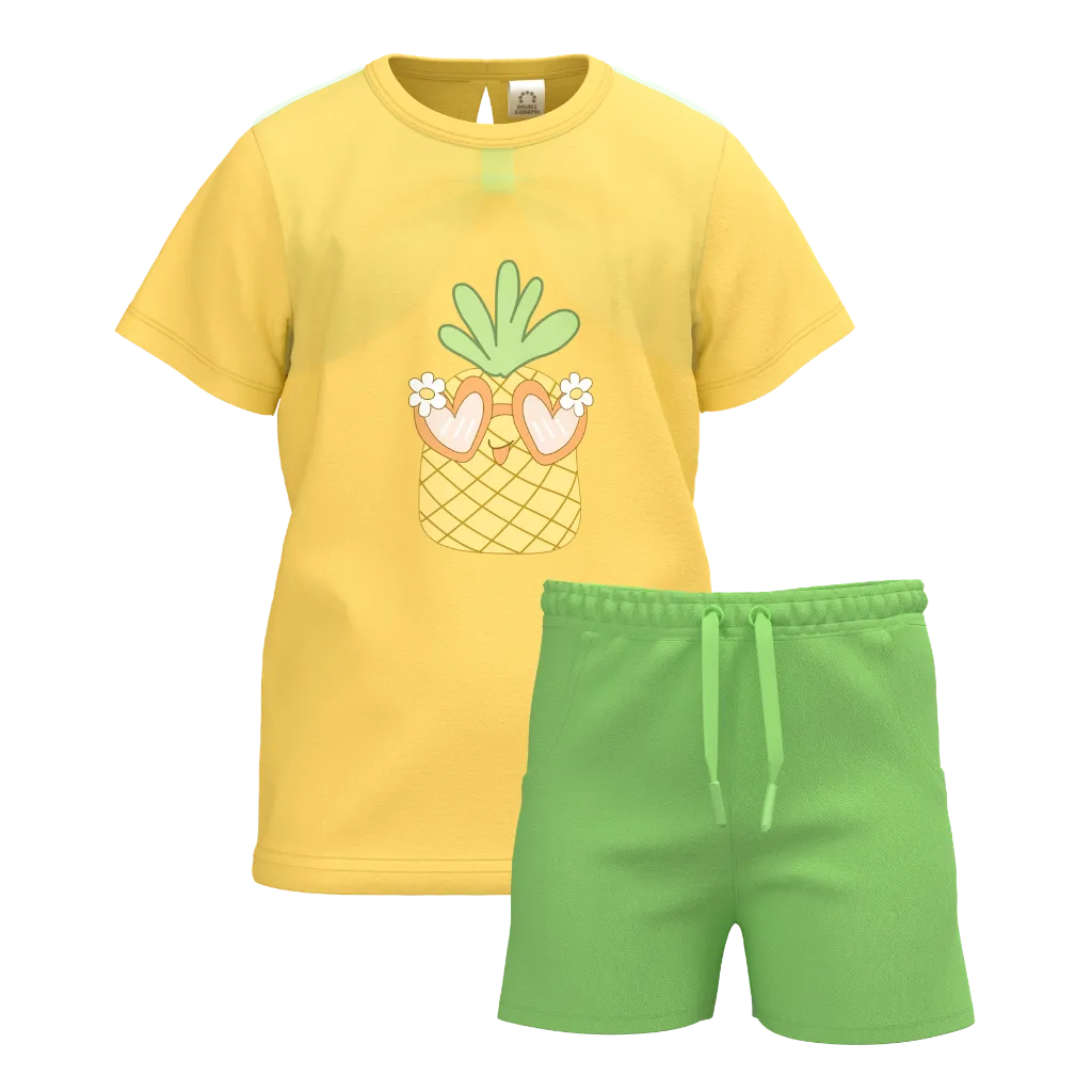 Yellow Pineapple Print Girls T-Shirt & Shorts Set | Kids Summer Outfit | Cute Pineapple Graphic Co-Ord Set | 2183