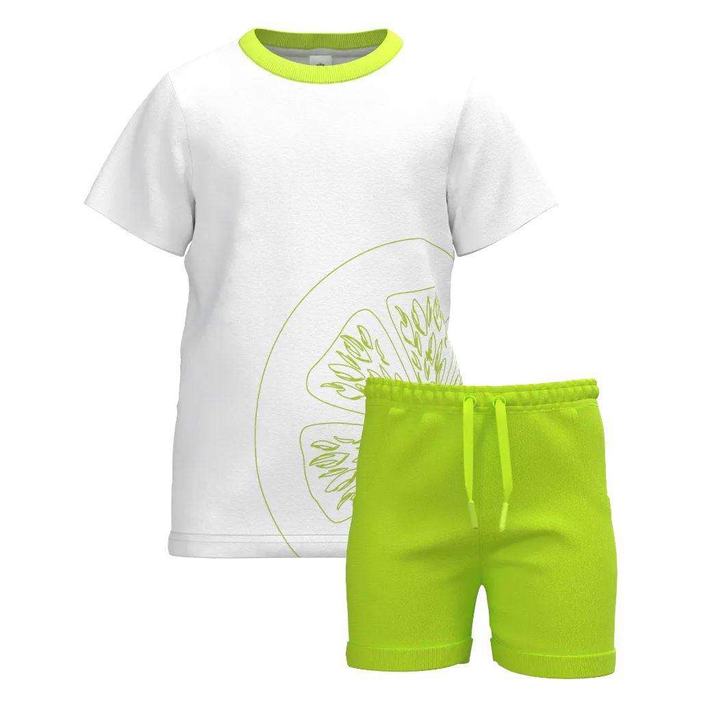White Lime Print Boys T-Shirt & Shorts Set | Kids Summer Co-Ord Outfit | Citrus Graphic Boys Set | 2188