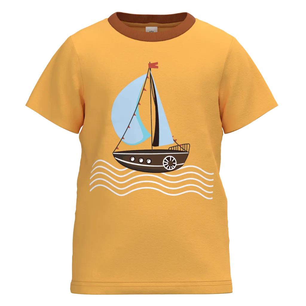 Marigold Sailboat Print Boys T-Shirt | Kids Cotton Summer Tee | Cute Boat Graphic T-Shirt | 2190