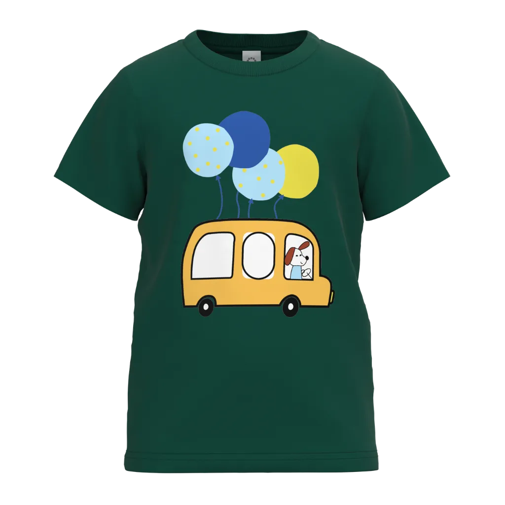 Green Boys T-Shirt | Balloon Car Print Casual Tee | Fun Cotton Summer Wear | 2192