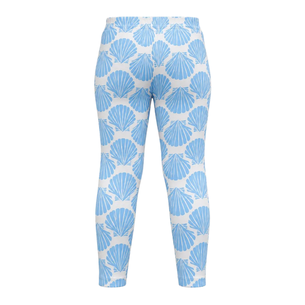 White Girls Printed Leggings | Blue Seashell All-Over Print Stretch Leggings | Comfortable Everyday Wear | 2193