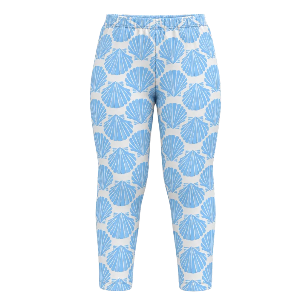 White Girls Printed Leggings | Blue Seashell All-Over Print Stretch Leggings | Comfortable Everyday Wear | 2193