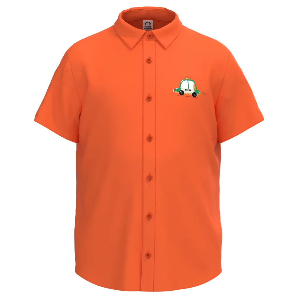 Orange Short Sleeve Shirt for Boys | Kids Button-Up Cotton Shirt | Cute Car Embroidery Casual Shirt | 2194