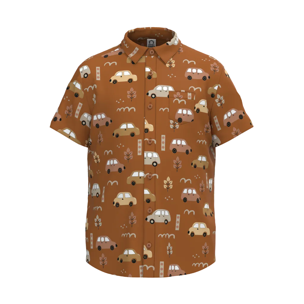 Warm Brown Boys Printed Shirt | Car Pattern Casual Shirt | Smart Summer Cotton Shirt | 2196