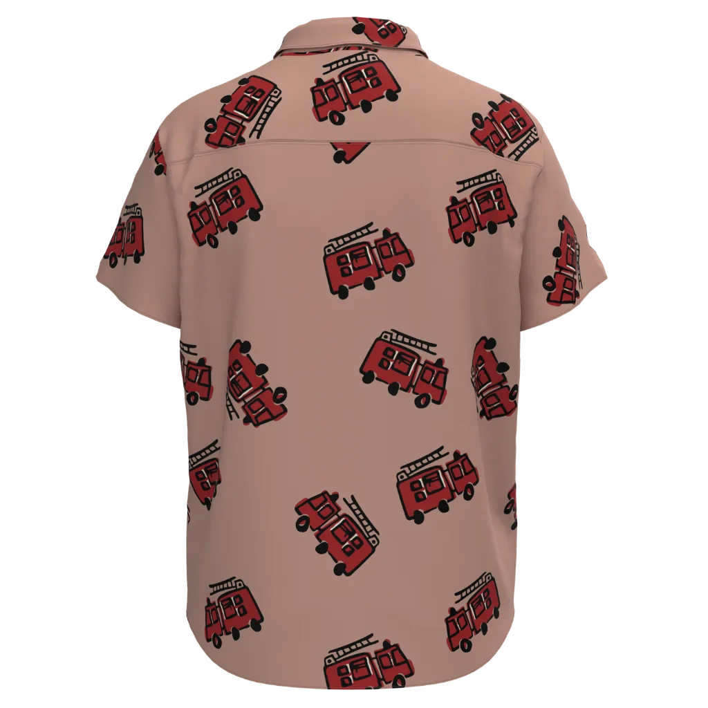 Peach Fire Truck Print Boys Shirt | Kids Cotton Button-Up Shirt | Fun Fire Engine Graphic Shirt | 2198