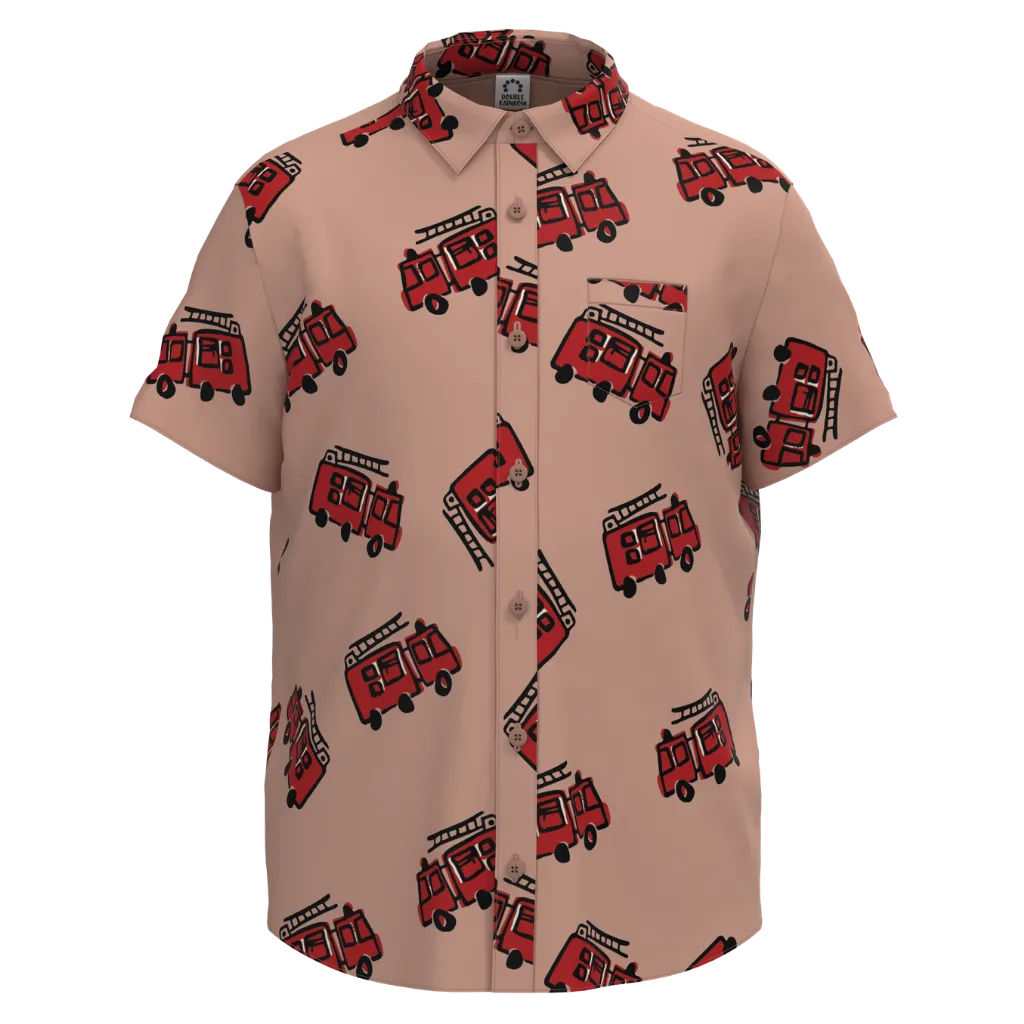 Peach Fire Truck Print Boys Shirt | Kids Cotton Button-Up Shirt | Fun Fire Engine Graphic Shirt | 2198